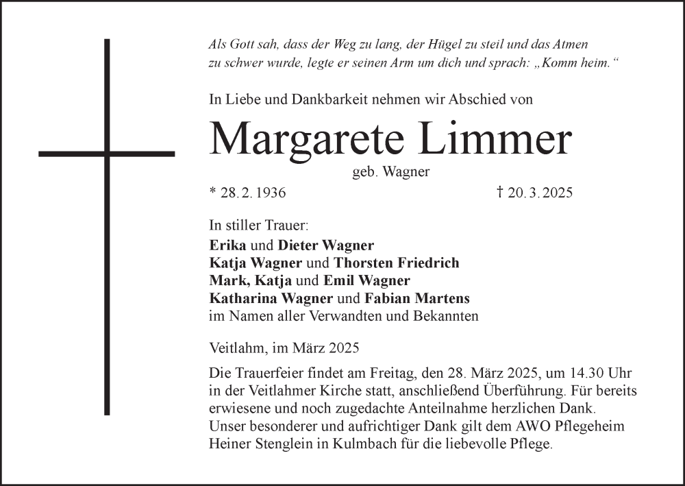  Traueranzeige für Margarete Limmer vom 25.03.2025 aus MGO