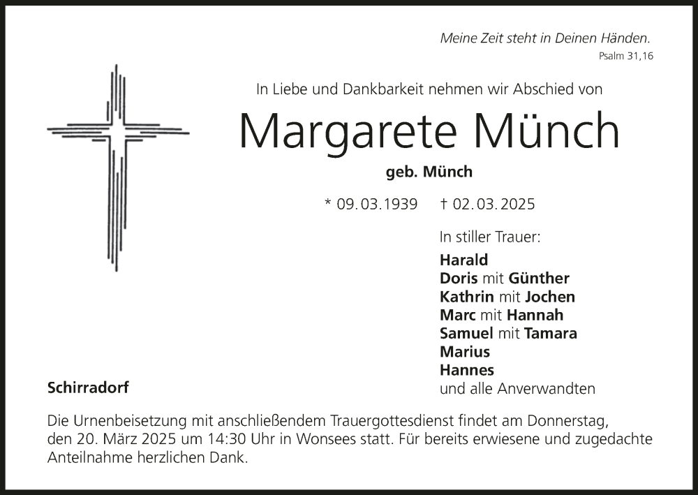  Traueranzeige für Margarete Münch vom 17.03.2025 aus MGO
