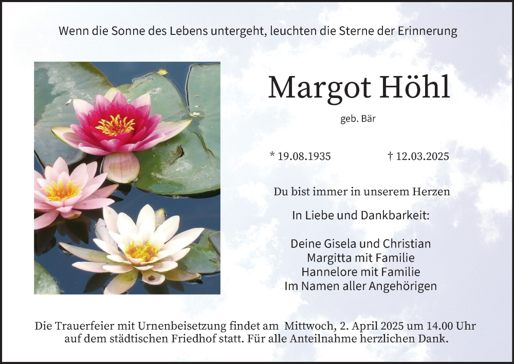  Traueranzeige für Margot Höhl vom 22.03.2025 aus MGO