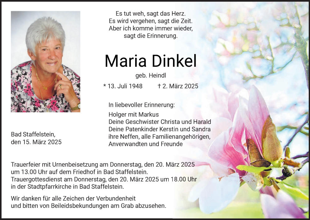  Traueranzeige für Maria Dinkel vom 15.03.2025 aus MGO
