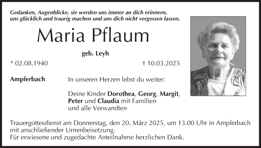  Traueranzeige für Maria Pflaum vom 15.03.2025 aus MGO