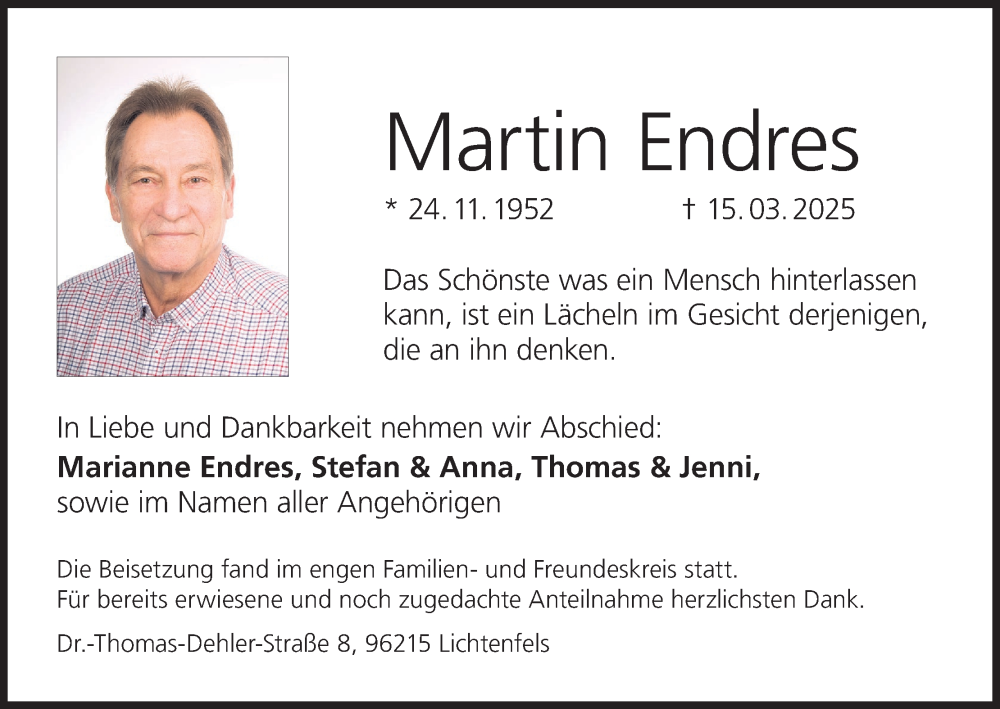  Traueranzeige für Martin Endres vom 29.03.2025 aus MGO