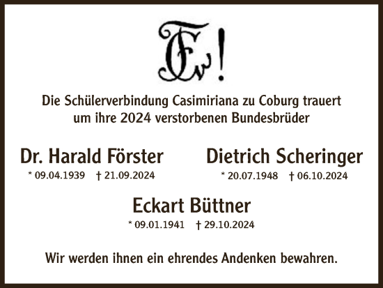 Anzeige von Nachruf Schülerverbindung Casimiriana zu Coburg von MGO