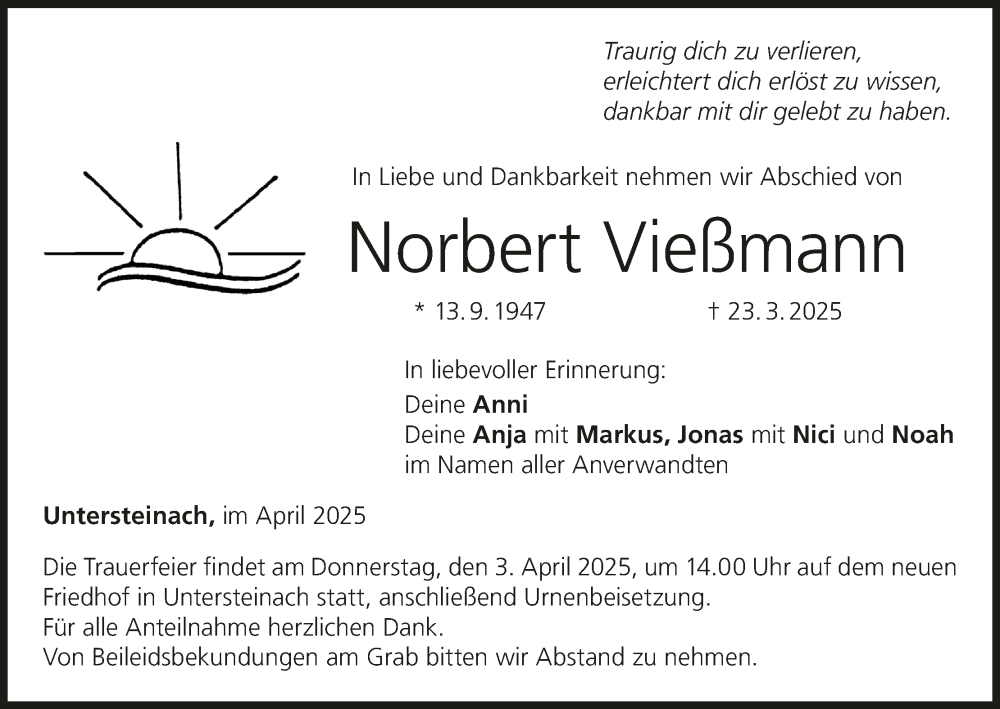  Traueranzeige für Norbert Vießmann vom 29.03.2025 aus MGO