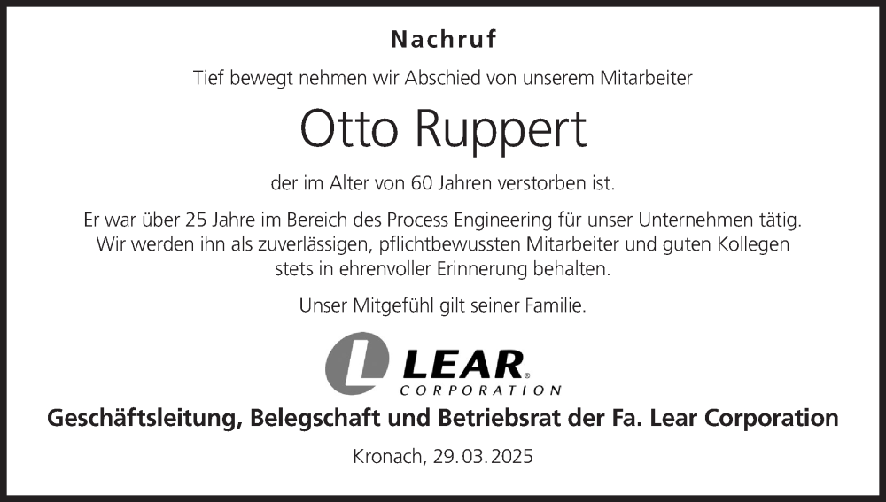  Traueranzeige für Otto Ruppert vom 29.03.2025 aus MGO