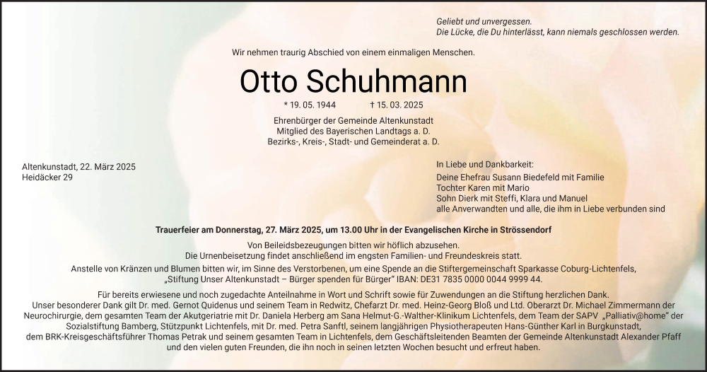  Traueranzeige für Otto Schuhmann vom 22.03.2025 aus MGO