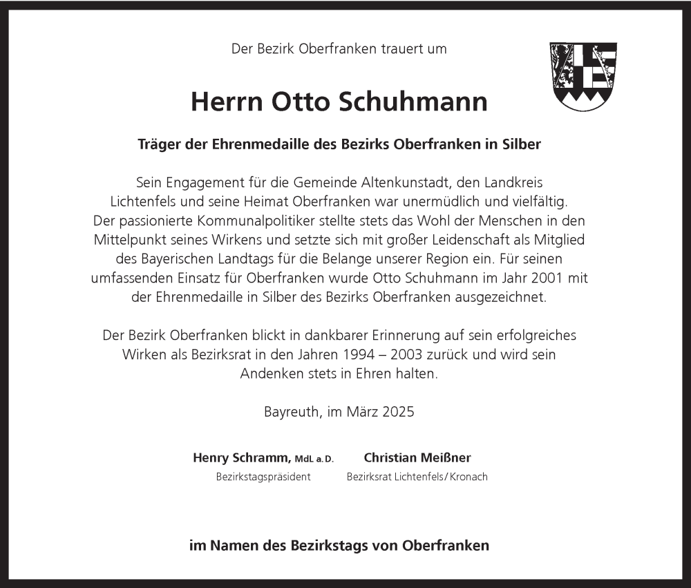  Traueranzeige für Otto Schuhmann vom 22.03.2025 aus MGO