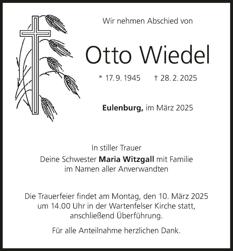  Traueranzeige für Otto Wiedel vom 08.03.2025 aus MGO