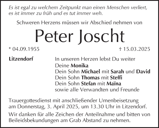 Anzeige von Peter Joscht von MGO
