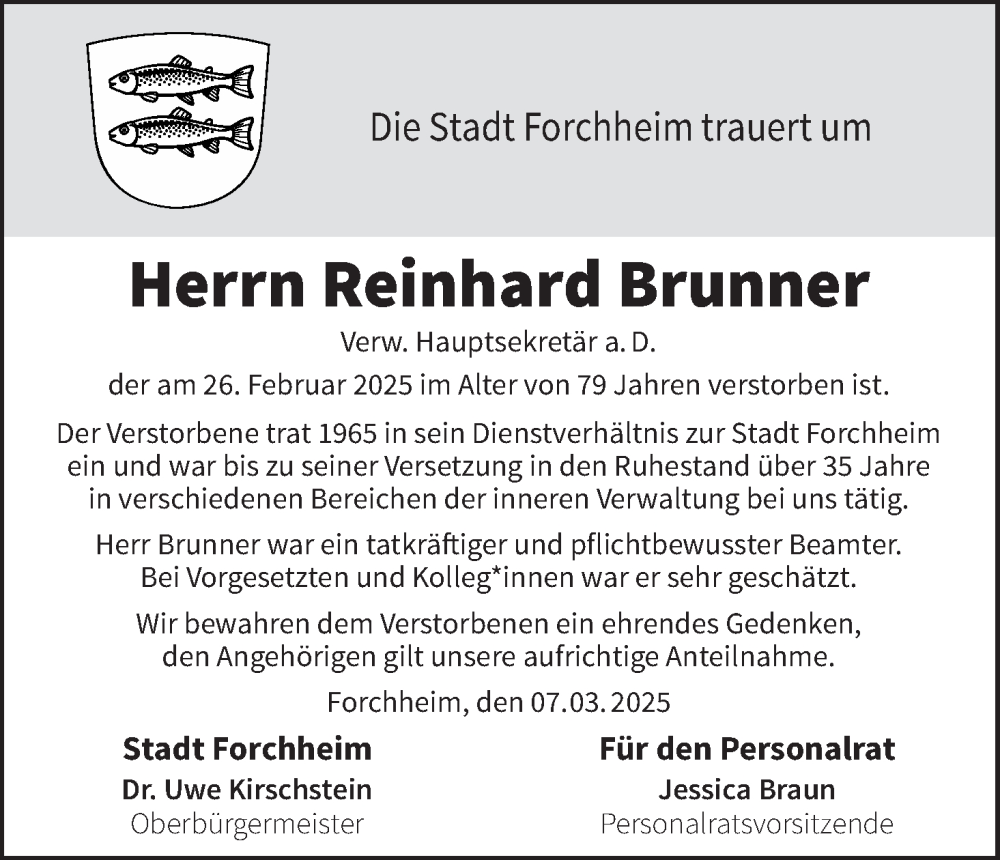  Traueranzeige für Reinhard Brunner vom 07.03.2025 aus MGO