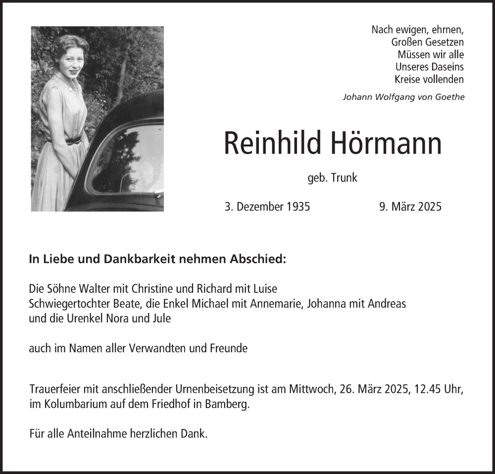  Traueranzeige für Reinhild Hörmann vom 22.03.2025 aus MGO