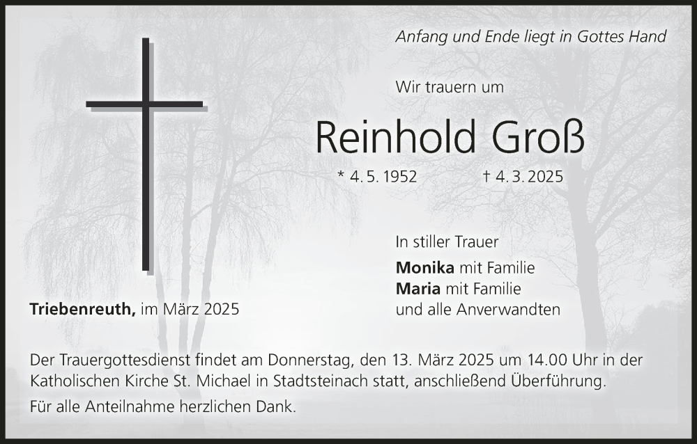  Traueranzeige für Reinhold Groß vom 08.03.2025 aus MGO