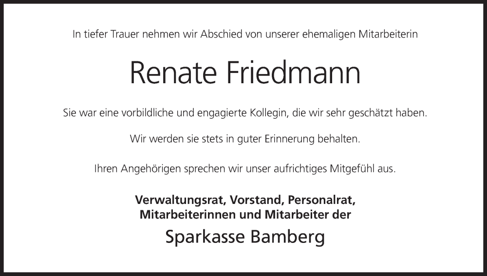  Traueranzeige für Renate Friedmann vom 15.03.2025 aus MGO