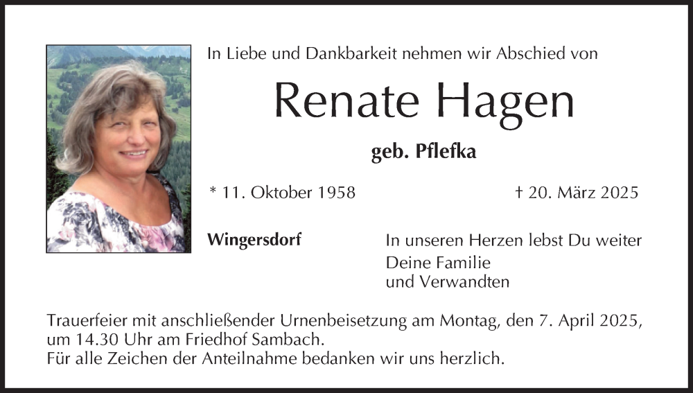 Traueranzeige für Renate Hagen vom 29.03.2025 aus MGO