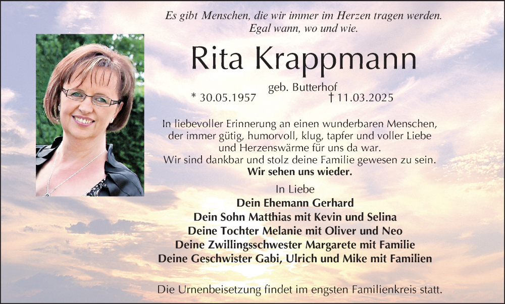 Traueranzeige für Rita Krappmann vom 22.03.2025 aus MGO