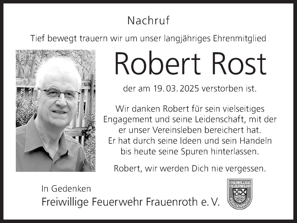  Traueranzeige für Robert Rost vom 29.03.2025 aus MGO