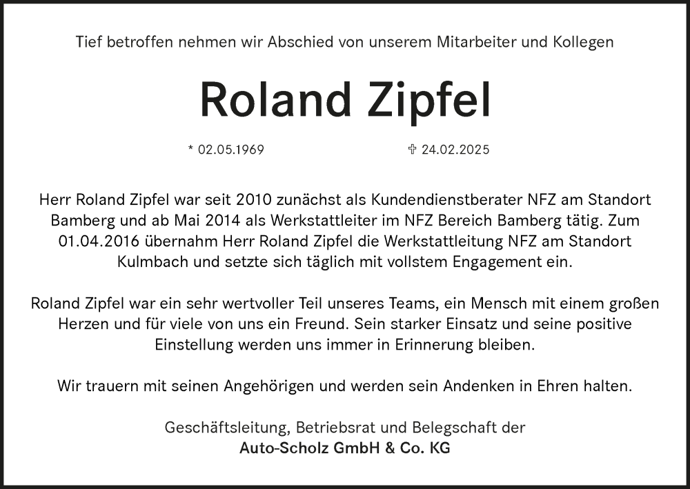  Traueranzeige für Roland Zipfel vom 15.03.2025 aus MGO