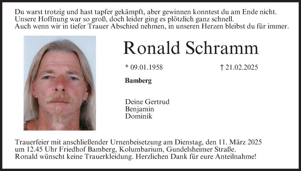 Traueranzeige für Ronald Schramm vom 01.03.2025 aus MGO