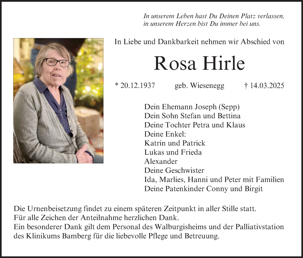  Traueranzeige für Rosa Hirle vom 22.03.2025 aus MGO