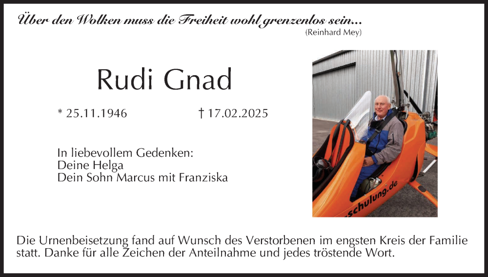  Traueranzeige für Rudi Gnad vom 01.03.2025 aus MGO