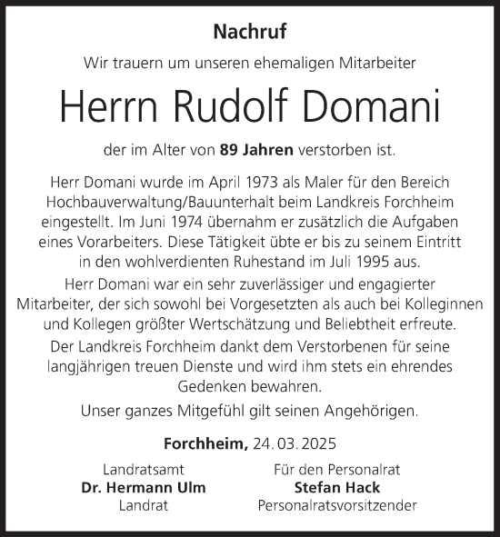 Anzeige von Rudolf Domani von MGO