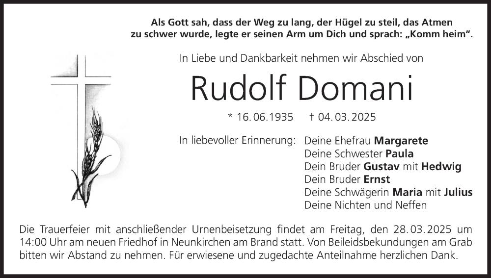  Traueranzeige für Rudolf Domani vom 24.03.2025 aus MGO