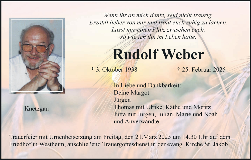  Traueranzeige für Rudolf Weber vom 19.03.2025 aus MGO