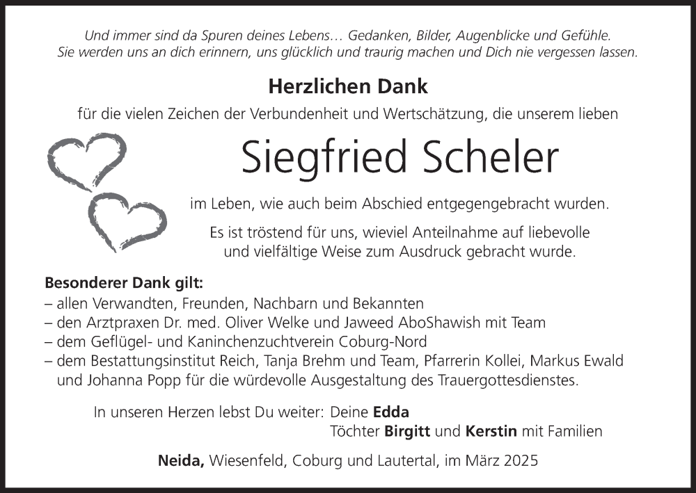  Traueranzeige für Siegfried Scheler vom 08.03.2025 aus MGO