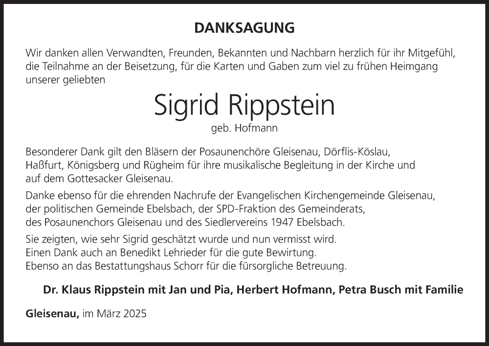  Traueranzeige für Sigrid Rippstein vom 15.03.2025 aus MGO