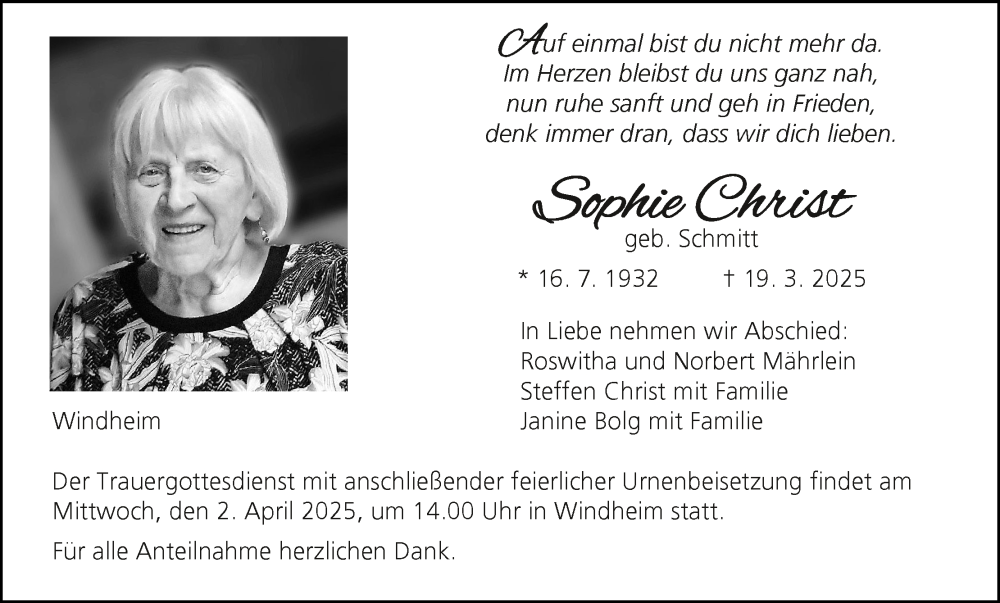  Traueranzeige für Sophie Christ vom 29.03.2025 aus MGO