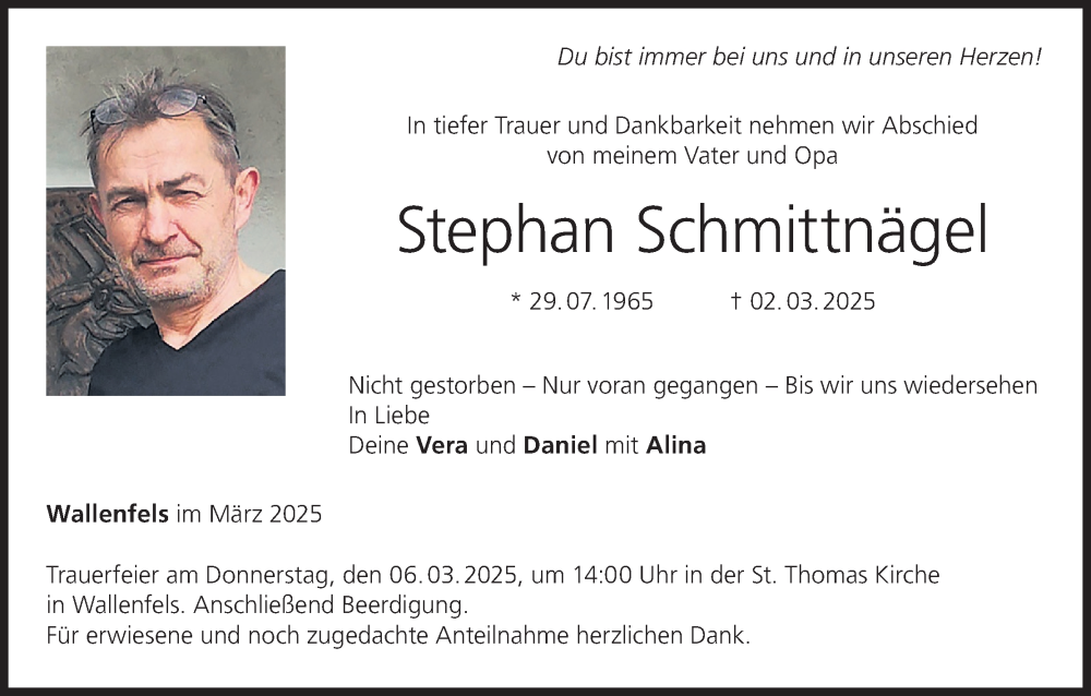  Traueranzeige für Stephan Schmittnägel vom 05.03.2025 aus MGO