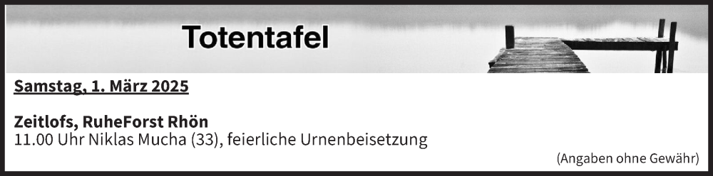  Traueranzeige für Totentafel vom 01.03.2025 vom 01.03.2025 aus MGO