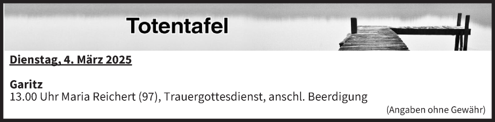  Traueranzeige für Totentafel vom 04.03.2025 vom 04.03.2025 aus MGO