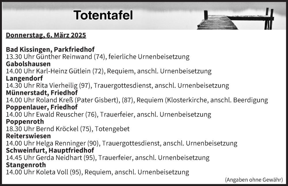  Traueranzeige für Totentafel vom 06.03.2025 vom 06.03.2025 aus MGO