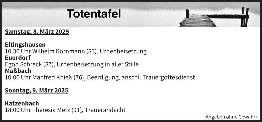  Traueranzeige für Totentafel vom 08.03.2025 vom 08.03.2025 aus MGO