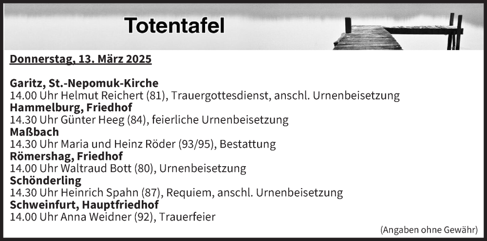  Traueranzeige für Totentafel vom 13.03.2025 vom 13.03.2025 aus MGO
