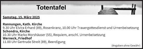 Anzeige von Totentafel vom 15.03.2025 von MGO