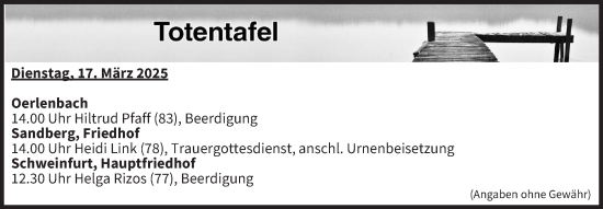 Anzeige von Totentafel vom 17.03.2025 von MGO