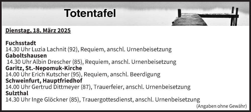  Traueranzeige für Totentafel vom 18.03.2025 vom 18.03.2025 aus MGO