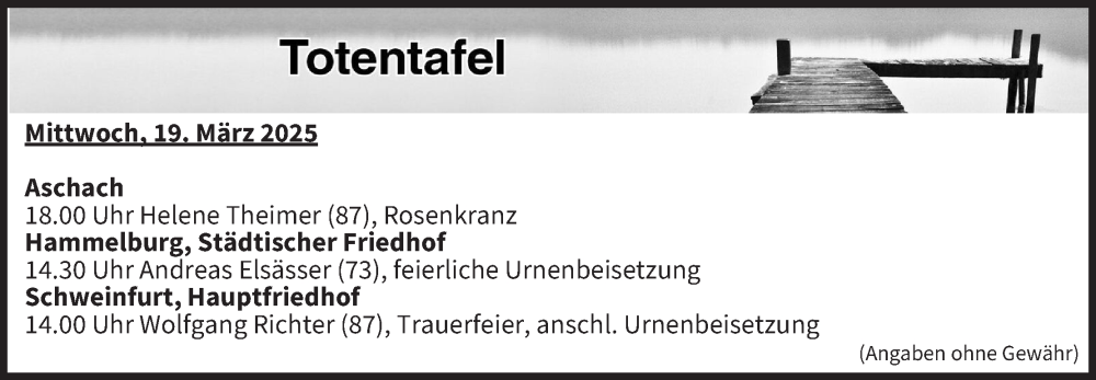  Traueranzeige für Totentafel vom 19.03.2025 vom 19.03.2025 aus MGO