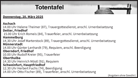 Anzeige von Totentafel vom 20.03.2025 von MGO