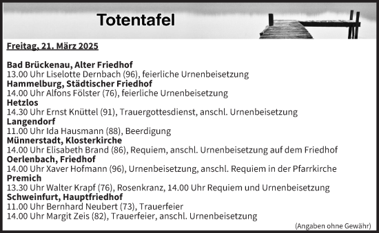 Anzeige von Totentafel vom 21.03.2025 von MGO