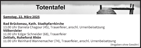 Anzeige von Totentafel vom 22.03.2025 von MGO