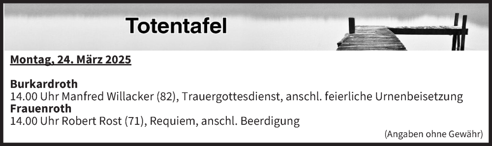 Traueranzeige für Totentafel vom 24.03.2025 vom 24.03.2025 aus MGO