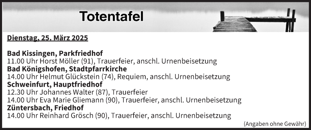  Traueranzeige für Totentafel vom 25.03.2025 vom 25.03.2025 aus MGO