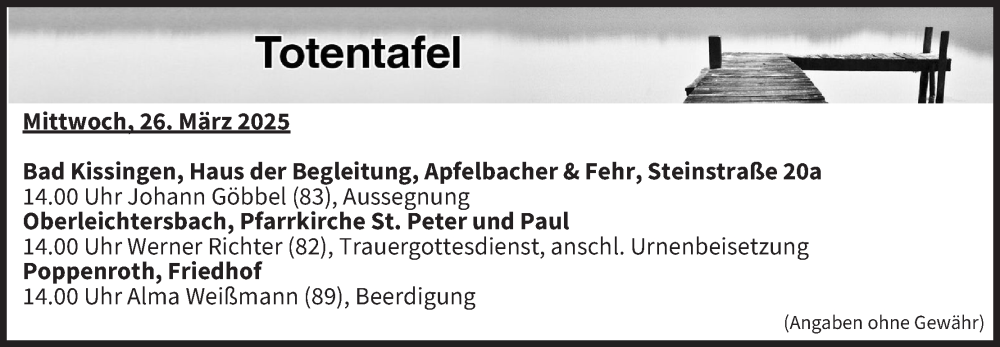  Traueranzeige für Totentafel vom 26.03.2025 vom 26.03.2025 aus MGO