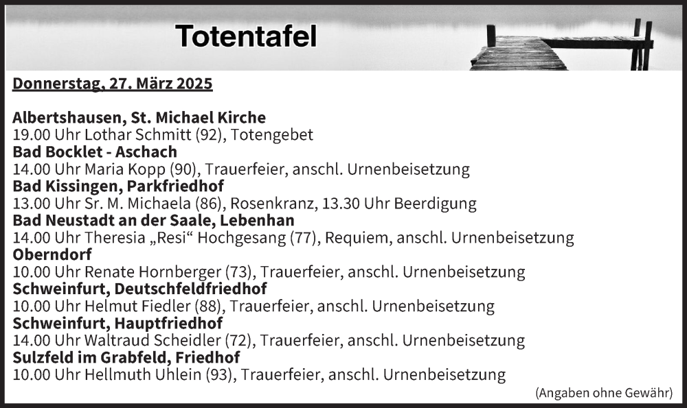  Traueranzeige für Totentafel vom 27.03.2025 vom 27.03.2025 aus MGO