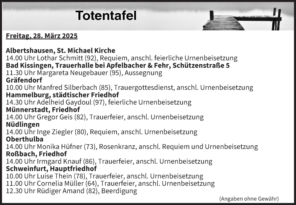  Traueranzeige für Totentafel vom 28.03.2025 vom 28.03.2025 aus MGO