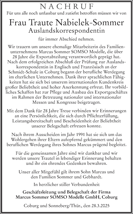 Anzeige von Traute Nabielek-Sommer von MGO