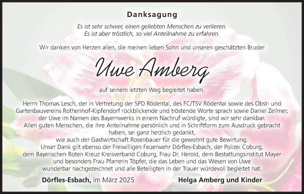  Traueranzeige für Uwe Amberg vom 29.03.2025 aus MGO